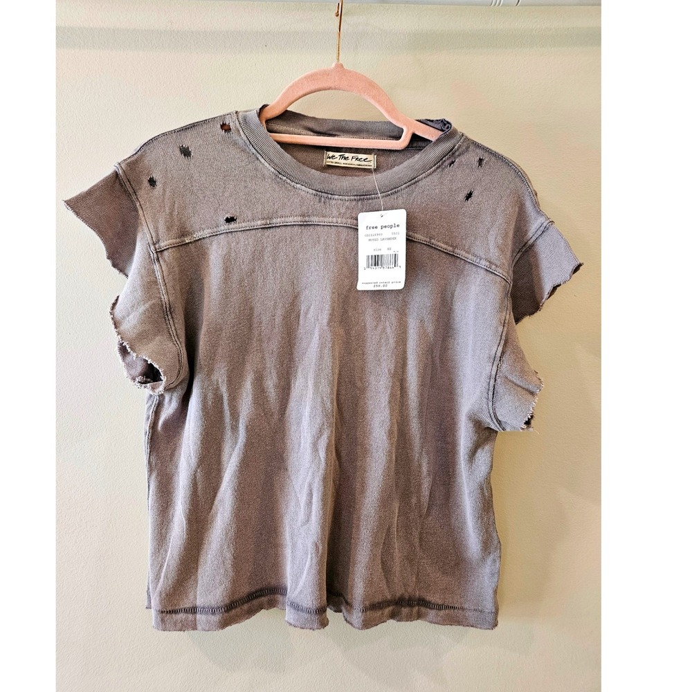 Free People We The Free Muted Lavender Gray Distressed Ruffle Sleeve Top XS NEW